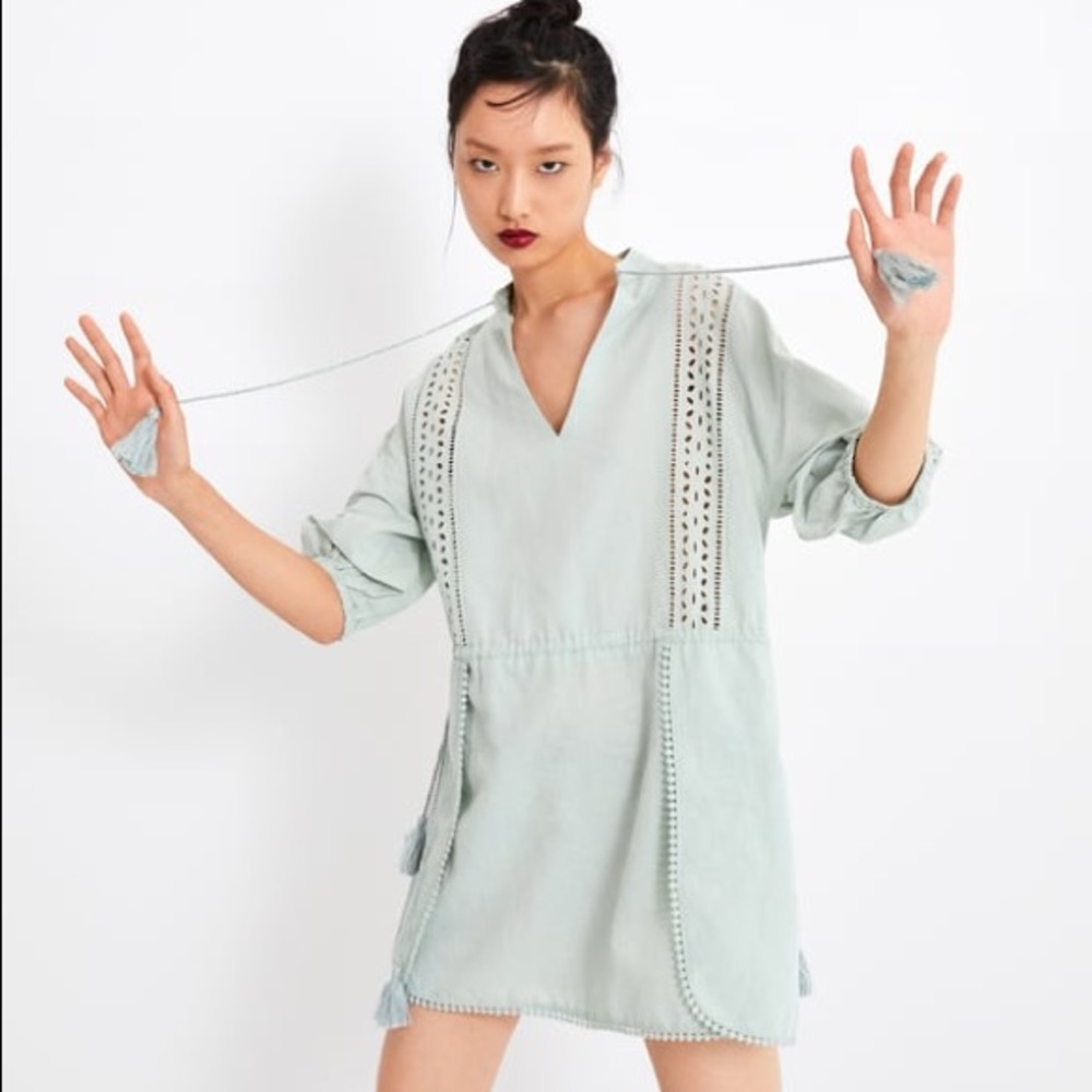 Zara drawstring dress with lace inserts